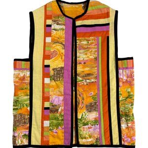 Reversible Silk Patchwork Wearable Art Vest Abstract Brights Orange Black L